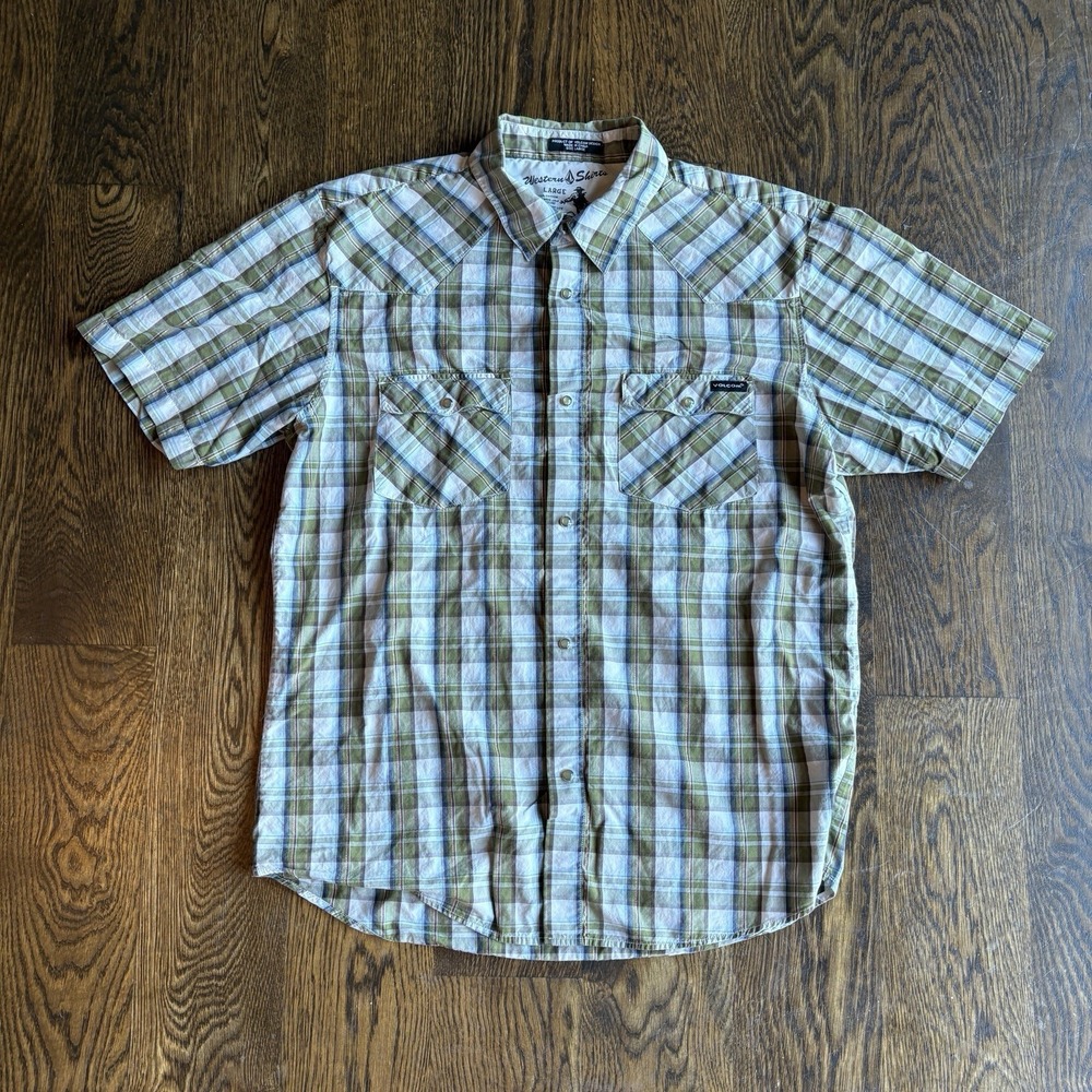 Volcom Western Pearl Snap Shirt Mens L Green Plaid Short Sleeve Cowboy Skate Y2K
